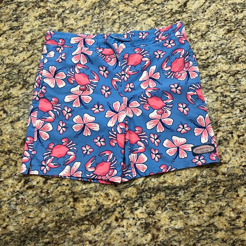 Vineyard Vines Mens Blue Pink Crab Hibiscus Floral Swim Trunks Board Shorts S